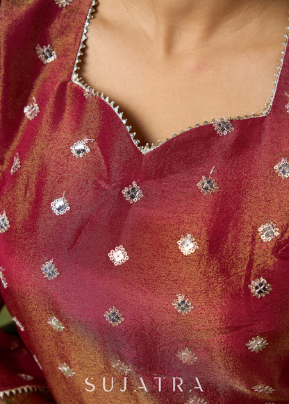 Beautiful Rust Self-Embellished Tissue Kurta - Pant Optional