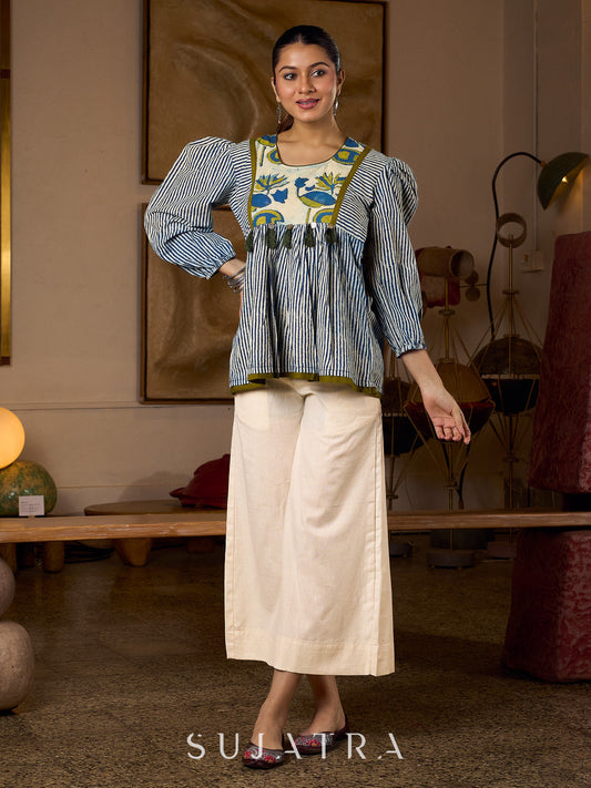 Exquisite Indigo Striped Top with Dramatic Puffy Sleeves, Contrasting Yoke & Tassel Embellishments