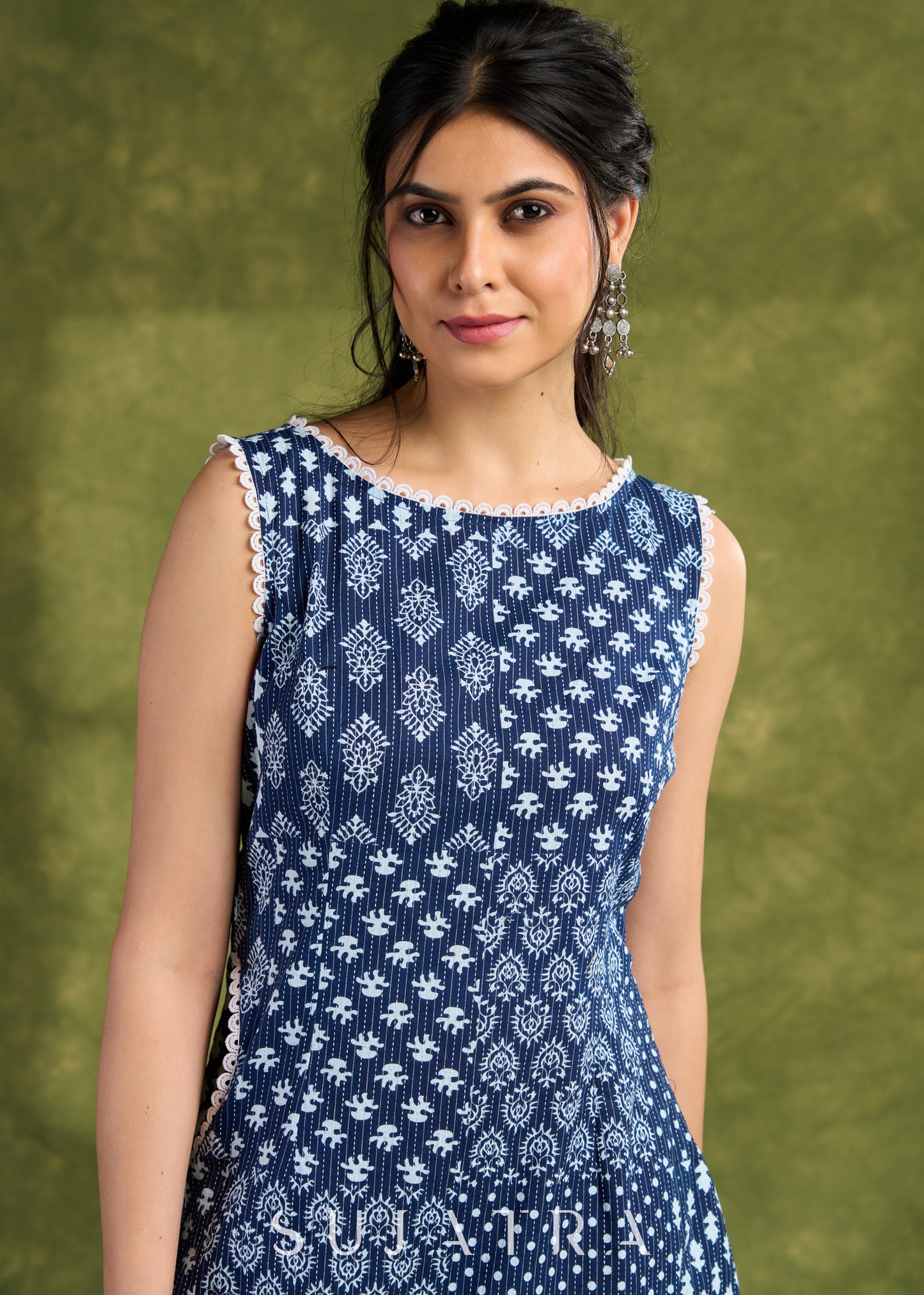 Patchwork Design Indigo Printed Cotton Dress. Unique Indigo Patchwork With Intricate Geometric Prints