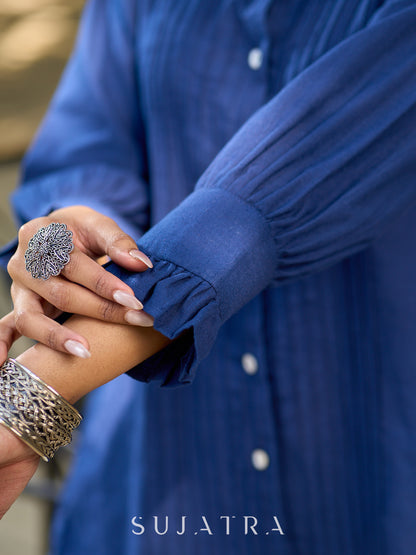 Navy Cotton Shirt Featuring Fine Pintuck Detailing & Statement Sleeves and Collar