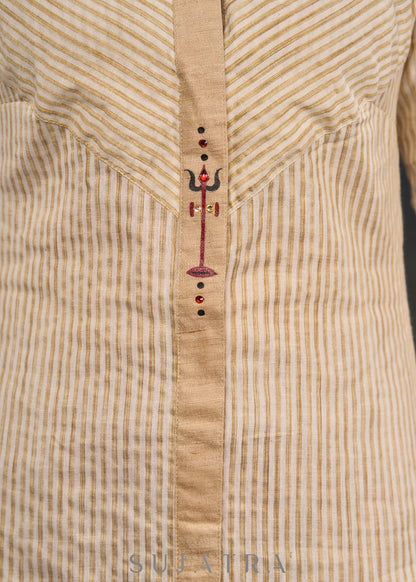 Classy-Golden-Striped-Straight-Cut-Kurta-With-Matching-Collar-,-Highlighted-With-Beautiful-Trishul-Painting--Pant-Optional