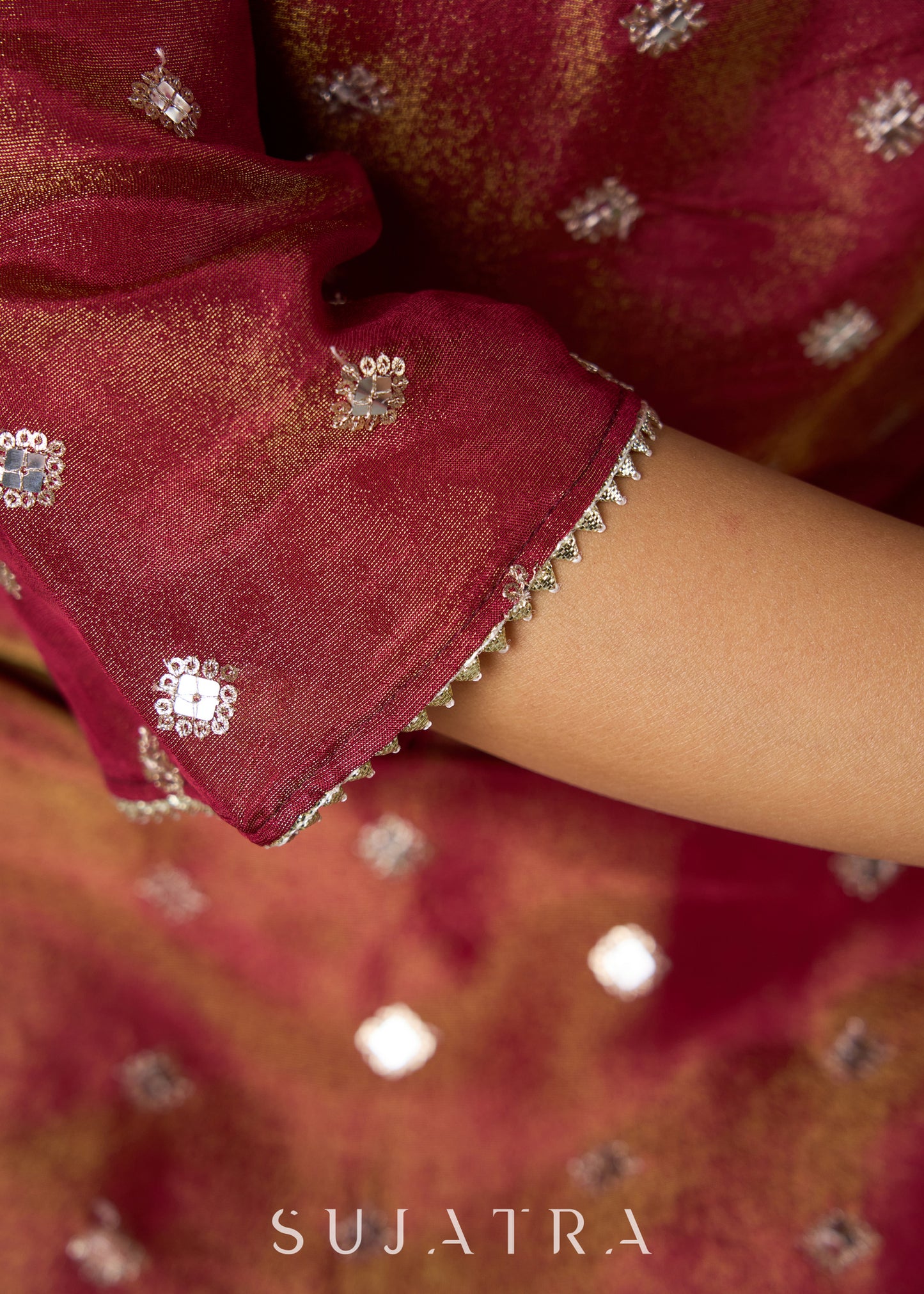 Beautiful Rust Self-Embellished Tissue Kurta - Pant Optional