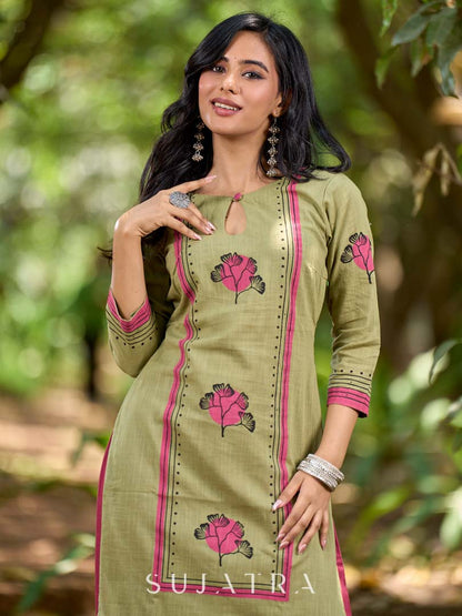 Radiant Mint Green Cotton Kurta with Minimal Floral Hand Block Motifs and Magenta Detailing