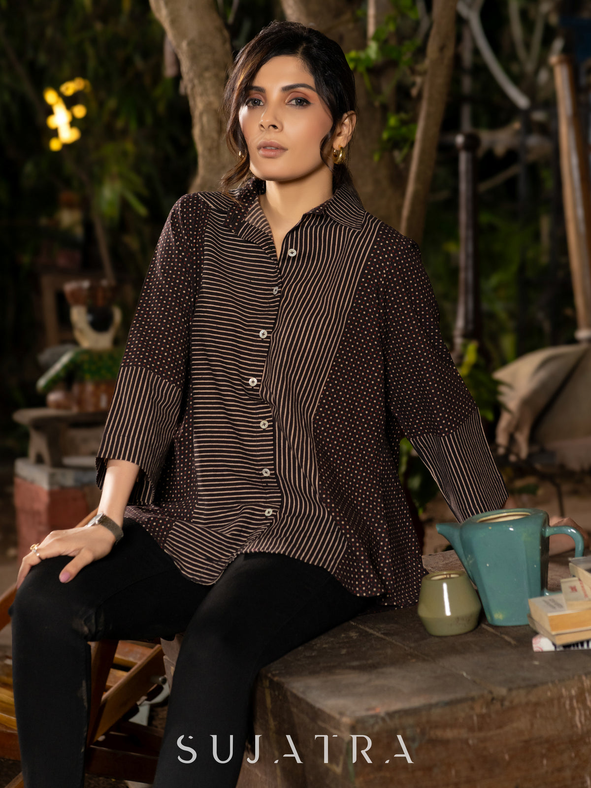 Luxe Ajrakh Lines and Dotted Black Cotton Shirt