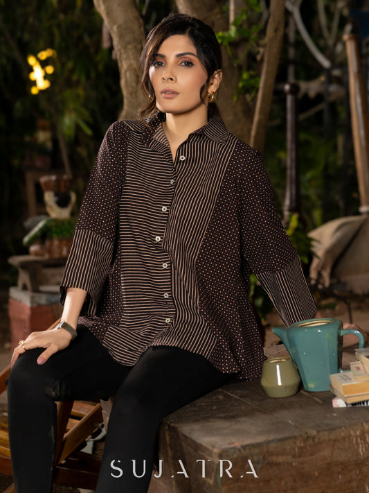 Luxe Ajrakh Lines and Dotted Black Cotton Shirt