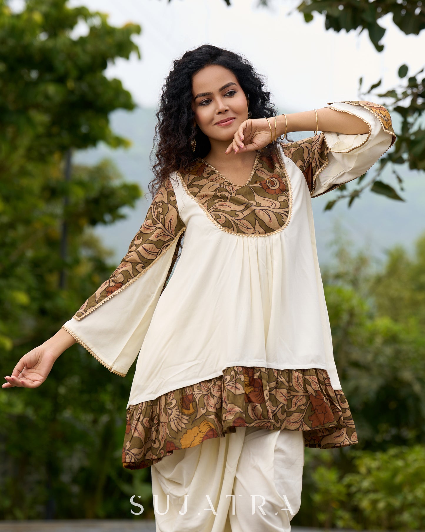 Boho Kalamkari Flared Short Tunic with Statement Sleeves  - Dhoti Pant Additional