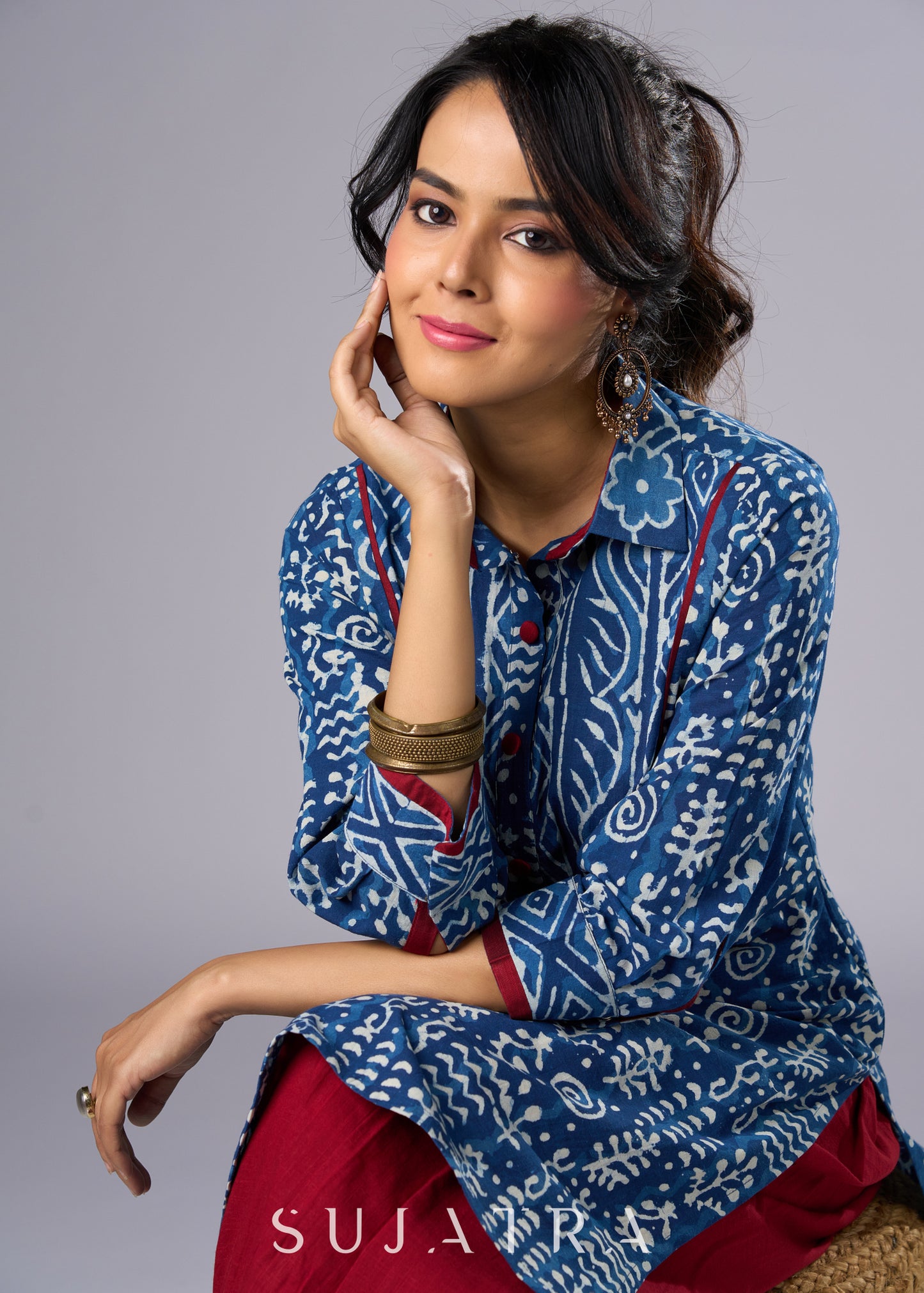 Beautifully Highlighted Casual Cotton Indigo Tunic   - Pant Additional