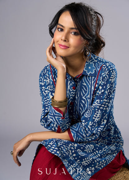 Beautifully Highlighted Casual Cotton Indigo Tunic   - Pant Additional