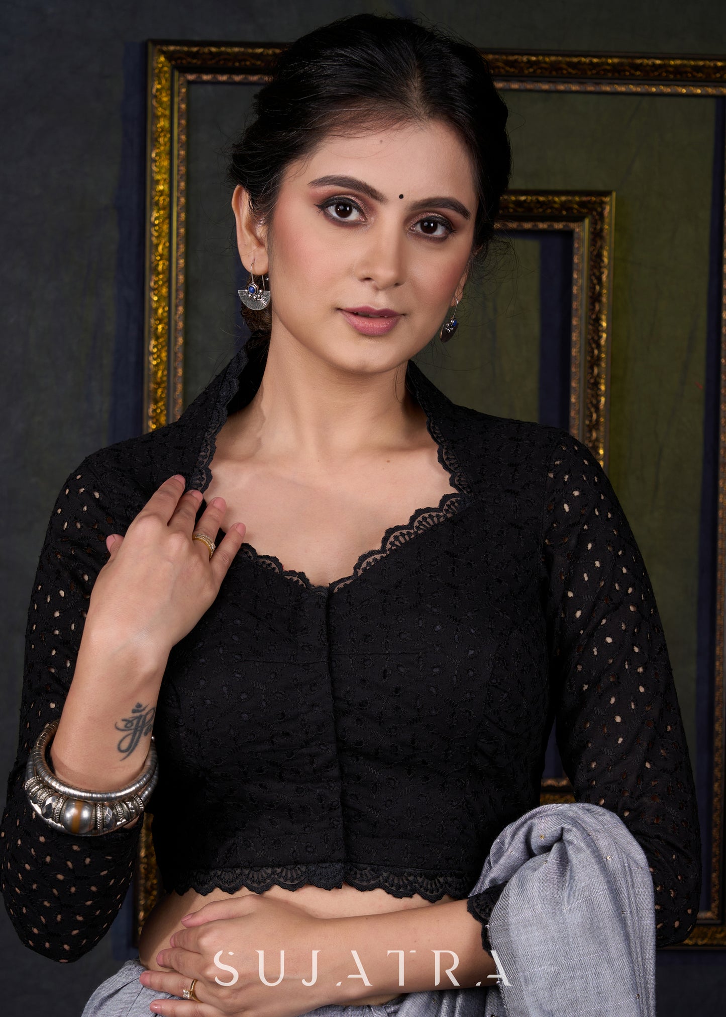Smart Black Hakoba Cotton Blouse - Optional Plain Saree