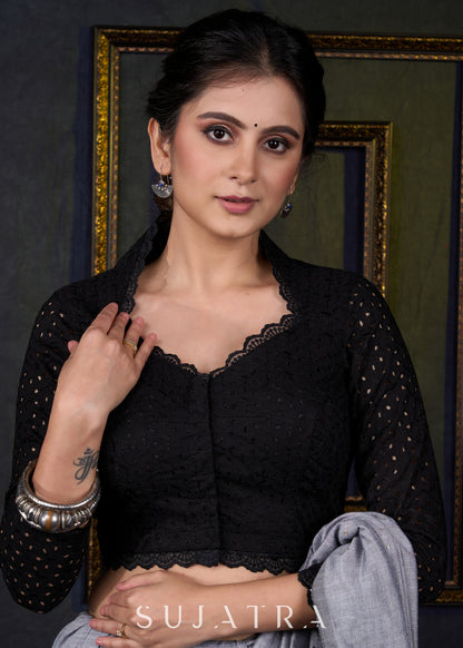 Smart Black Hakoba Cotton Blouse - Optional Plain Saree