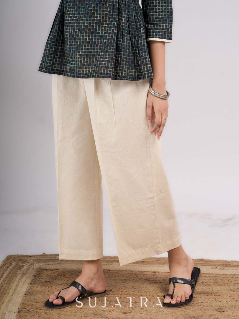 Off White Cotton Flex Structured Pleated Pants