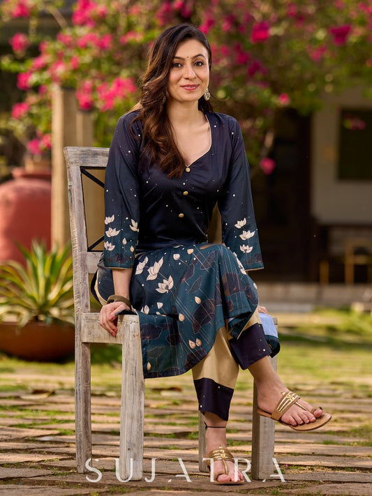 Stunning bottle green kurta adorned with a cream lotus midnight-inspired print.