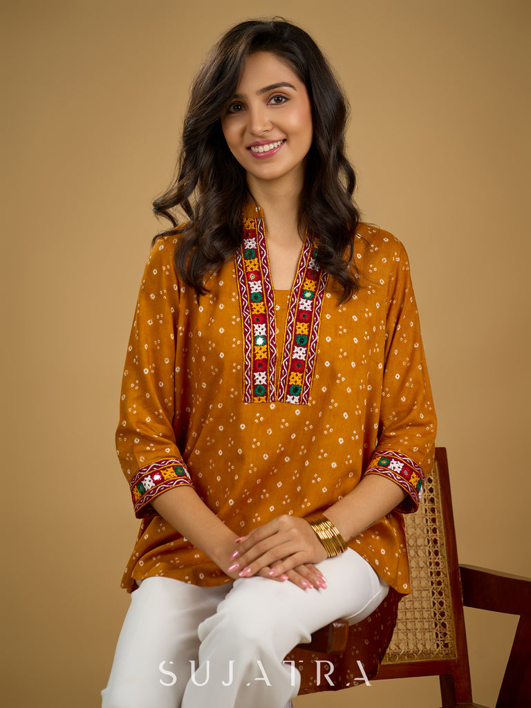 Ethnic handcrafted mirror work bandhani rayon top