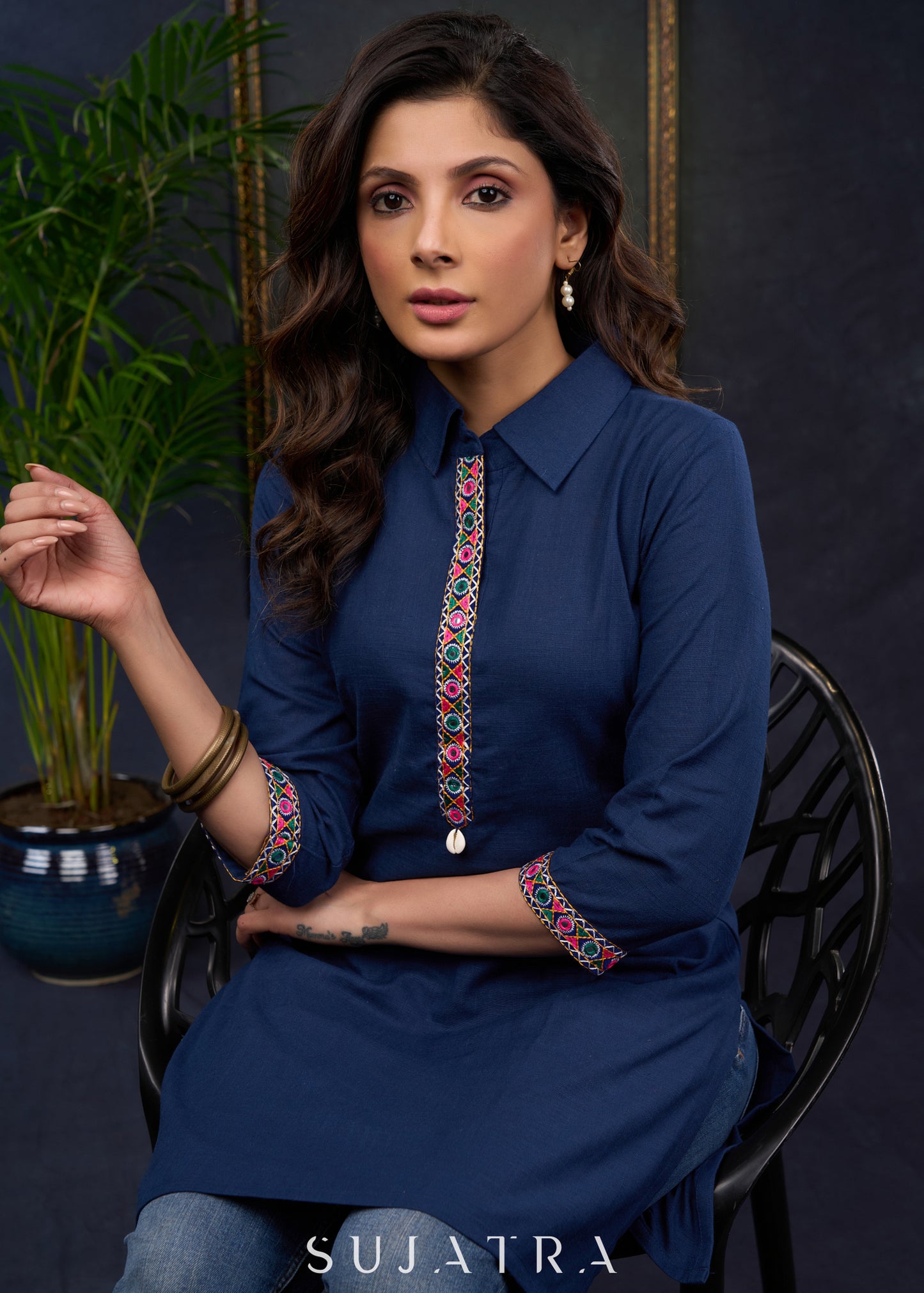 Navy Blue Cotton Tunic With Kutch Embroidery And A Shirt-Style Collar.