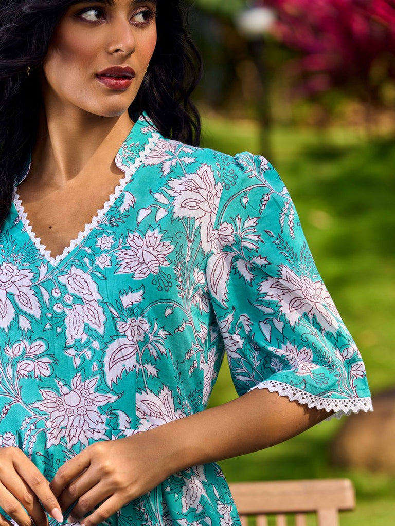 Sea Green Floral Cotton Dress with Lace-Trimmed Neckline and Puffy Sleeves