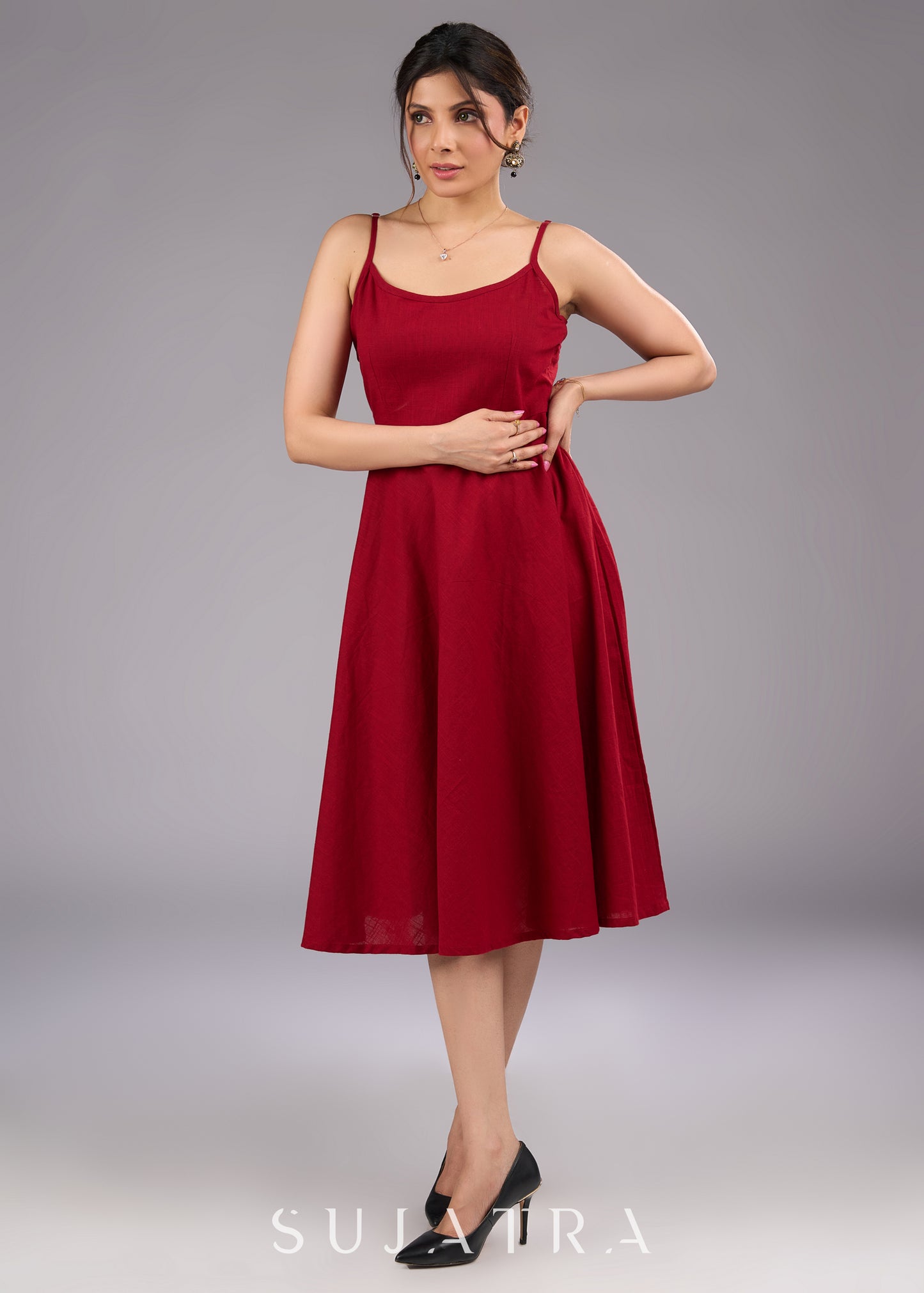 Cotton Maroon Flared Strappy One Piece Dress - Ikat blazer jacket optional