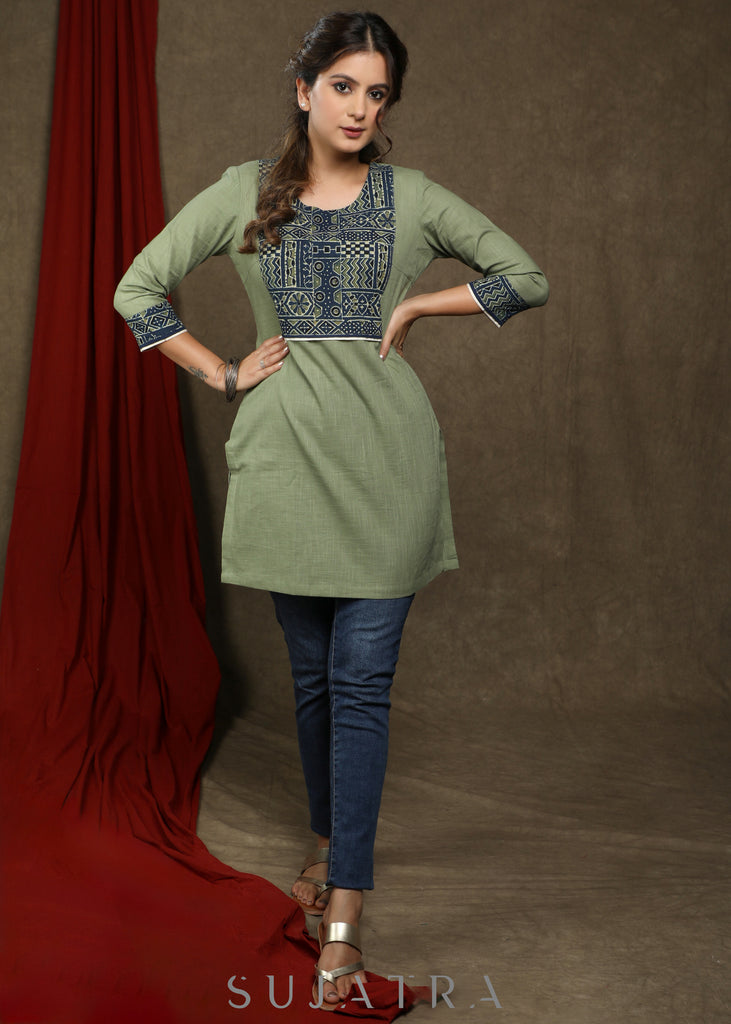 Elegant sage green cotton tunic with beautiful ajrakh yoke