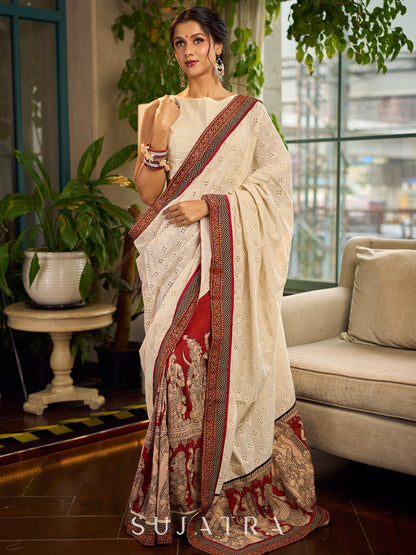 Elegant White Hakoba Cotton Saree with Rust-Red Kalamkari Print & Ajrakh Chevron Border