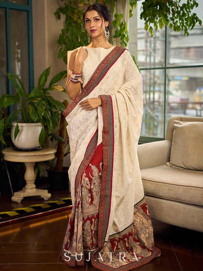 Elegant White Hakoba Cotton Saree with Rust-Red Kalamkari Print & Ajrakh Chevron Border
