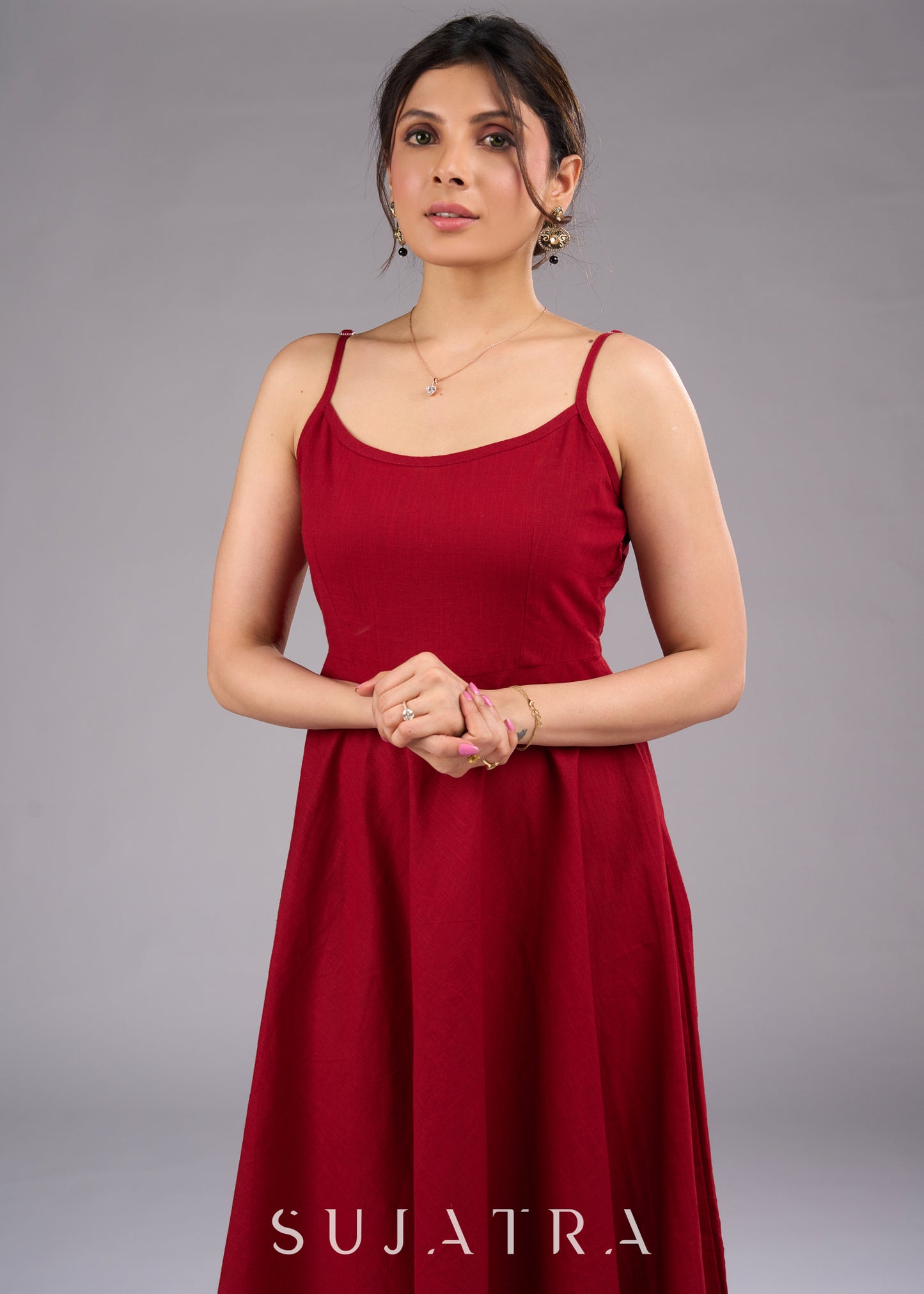 Cotton Maroon Flared Strappy One Piece Dress - Ikat blazer jacket optional