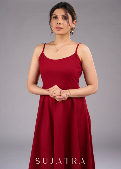 Cotton Maroon Flared Strappy One Piece Dress - Ikat blazer jacket optional