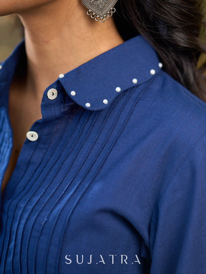 Navy Cotton Shirt Featuring Fine Pintuck Detailing & Statement Sleeves and Collar