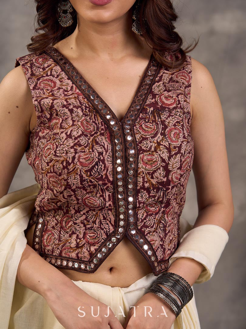 Dark Brown Kalamkari Printed Sleeveless Blouse with Mirror Lace Embellishment and V Neck