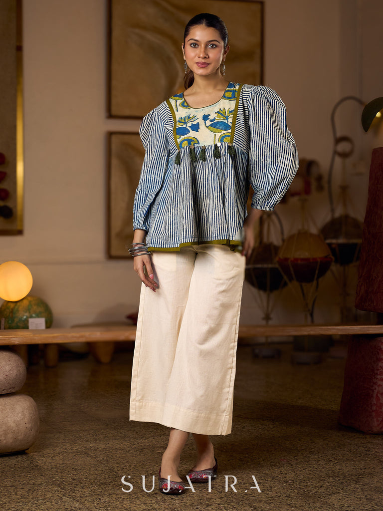 Exquisite Indigo Striped Top with Dramatic Puffy Sleeves, Contrasting Yoke & Tassel Embellishments