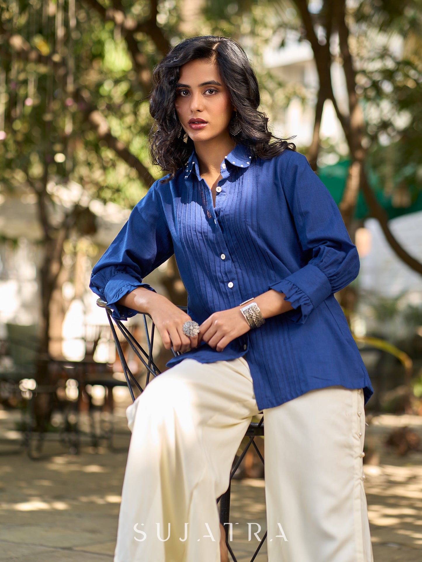 Navy Cotton Shirt Featuring Fine Pintuck Detailing & Statement Sleeves and Collar