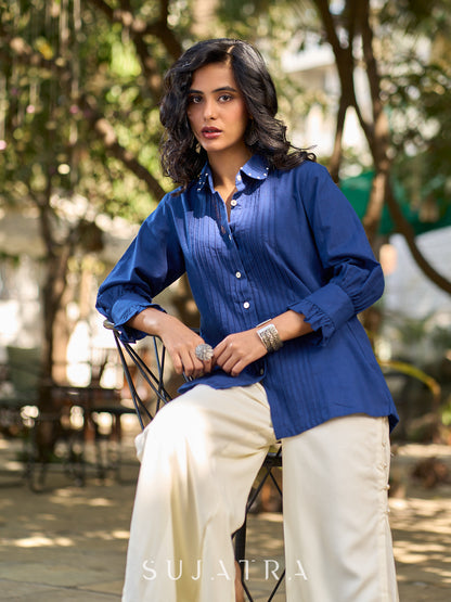 Navy Cotton Shirt Featuring Fine Pintuck Detailing & Statement Sleeves and Collar