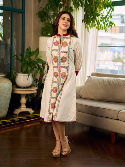 Artisan-crafted off-white Madhubani dress with beautiful hand-painted motifs and trim.