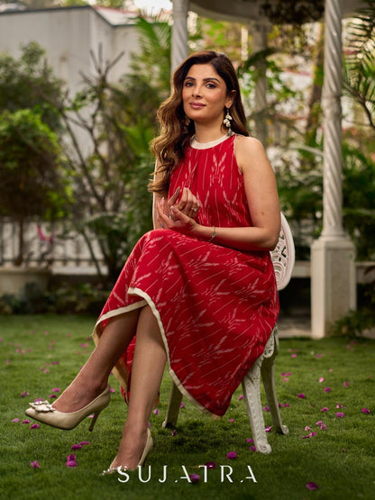 Statement red Ikat halter-neck dress accented in white, designed with a box pleat at the neckline for fluid drape.