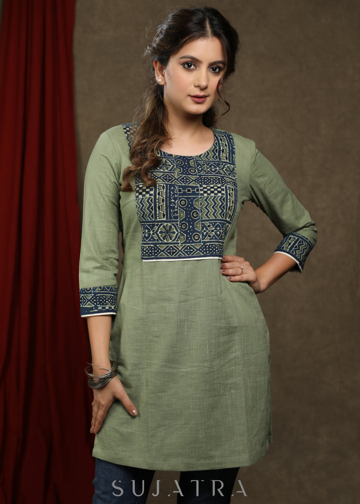 Elegant sage green cotton tunic with beautiful ajrakh yoke