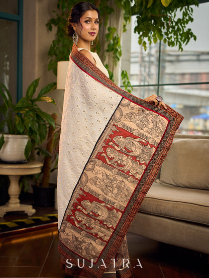 Elegant White Hakoba Cotton Saree with Rust-Red Kalamkari Print & Ajrakh Chevron Border