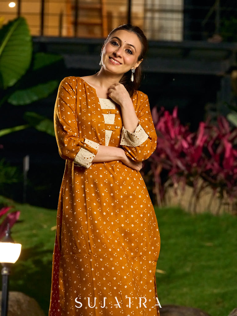 Mustard Bandhani Printed Viscose Kurta with Delicate Hakoba Accents