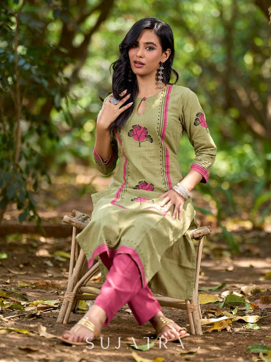 Radiant Mint Green Cotton Kurta with Minimal Floral Hand Block Motifs and Magenta Detailing