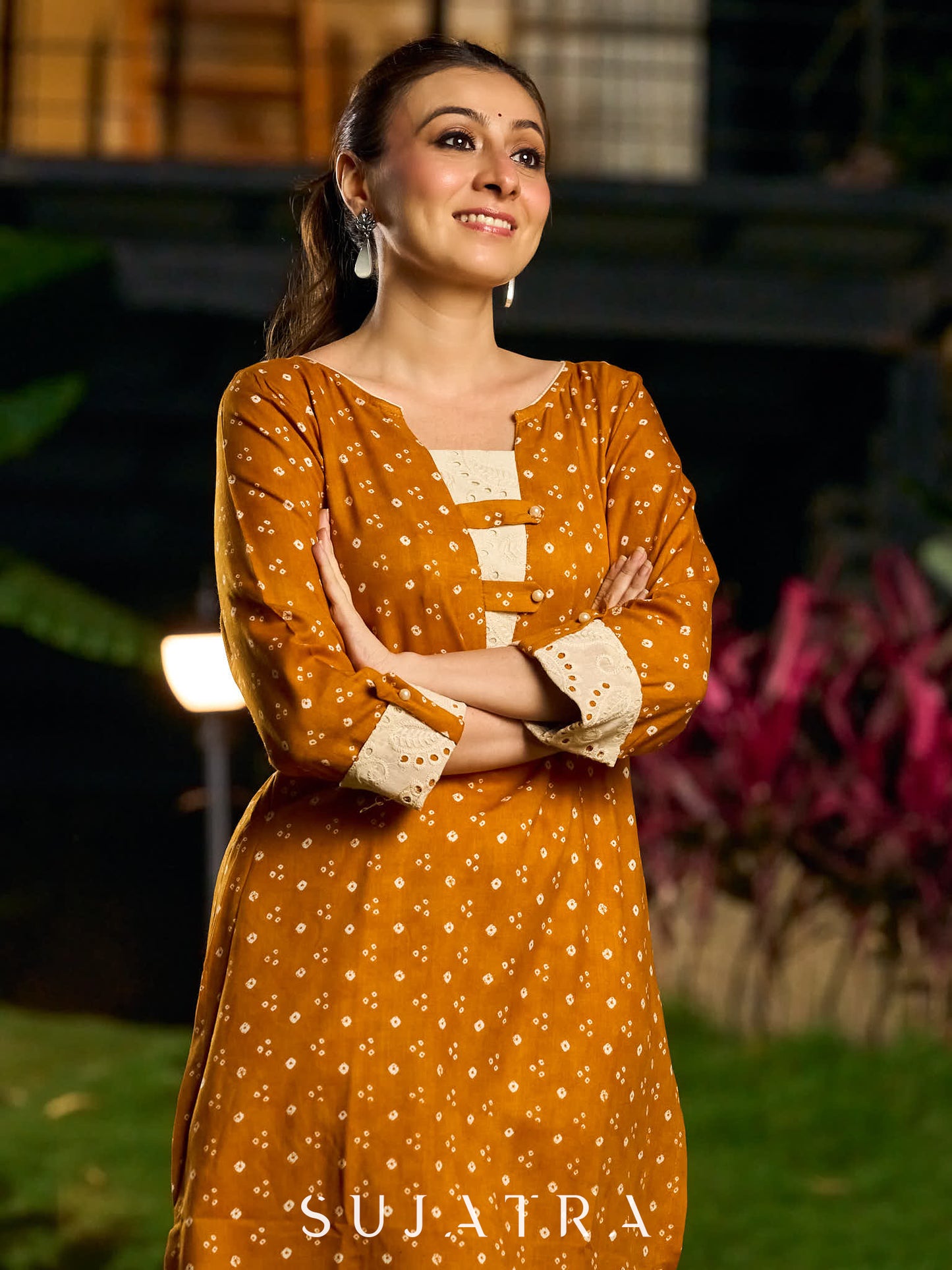 Mustard Bandhani Printed Viscose Kurta with Delicate Hakoba Accents