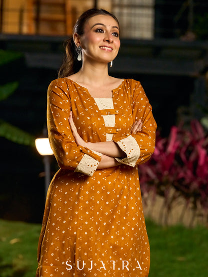 Mustard Bandhani Printed Viscose Kurta with Delicate Hakoba Accents