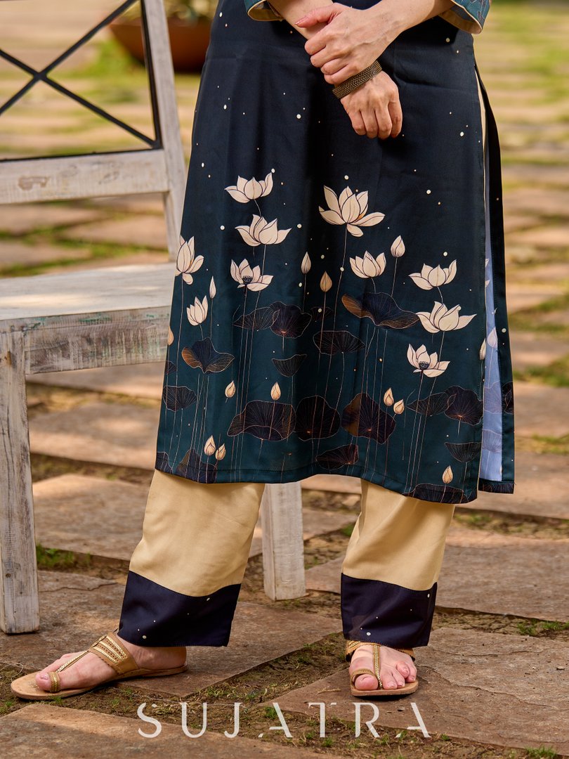 Dussehra Sale — Stunning bottle green kurta adorned with a cream lotus midnight-inspired print. - Pant Optional