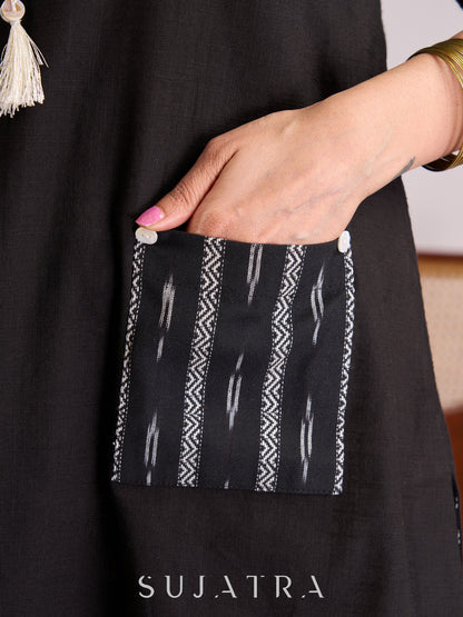 Timeless Black Cotton Kurta with Ikat Pockets, Kantha Handwork & Tassel-Tied Neckline
