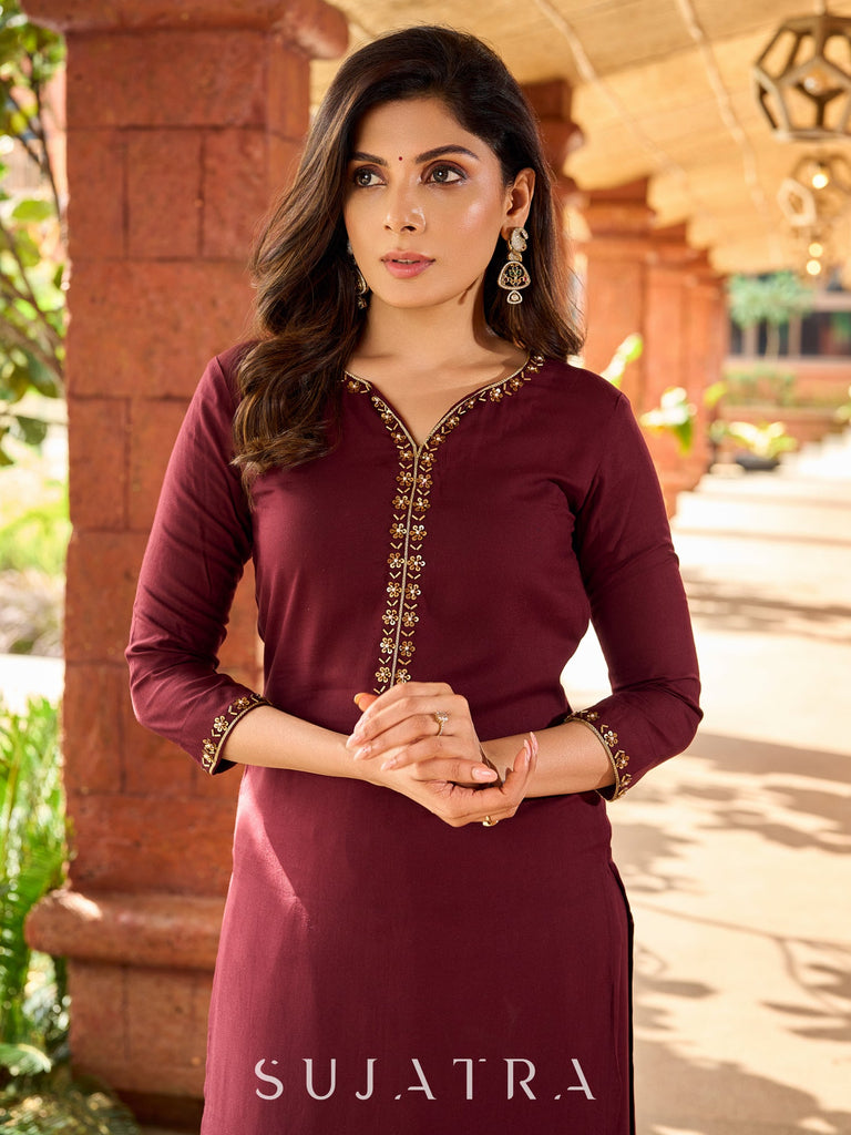 Beautiful hand embroidery Rich dark brown rayon kurta -palazzo optional