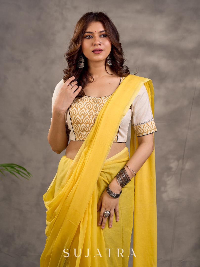 Off White and Mustard Elbow Sleeve Blouse with Contrast Piping and Hand Painted Gond Art on Back