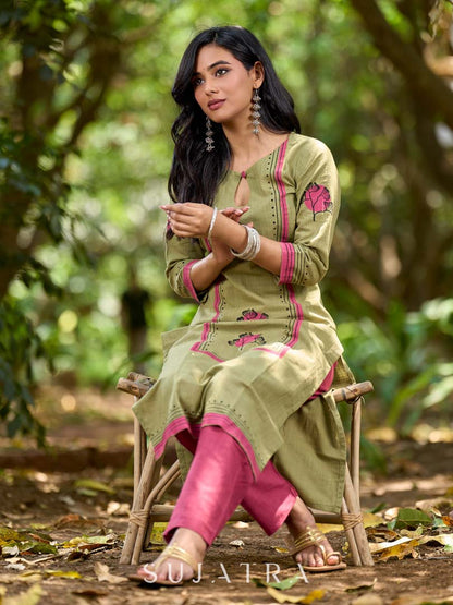 Radiant Mint Green Cotton Kurta with Minimal Floral Hand Block Motifs and Magenta Detailing