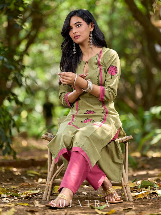 Radiant Mint Green Cotton Kurta with Minimal Floral Hand Block Motifs and Magenta Detailing