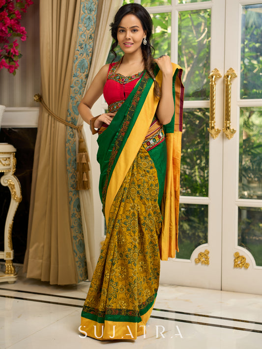 Vibrant Khun-Ajrakh fusion cotton saree with bold block prints and mirrorwork