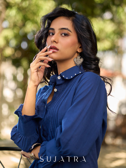 Navy Cotton Shirt Featuring Fine Pintuck Detailing & Statement Sleeves and Collar