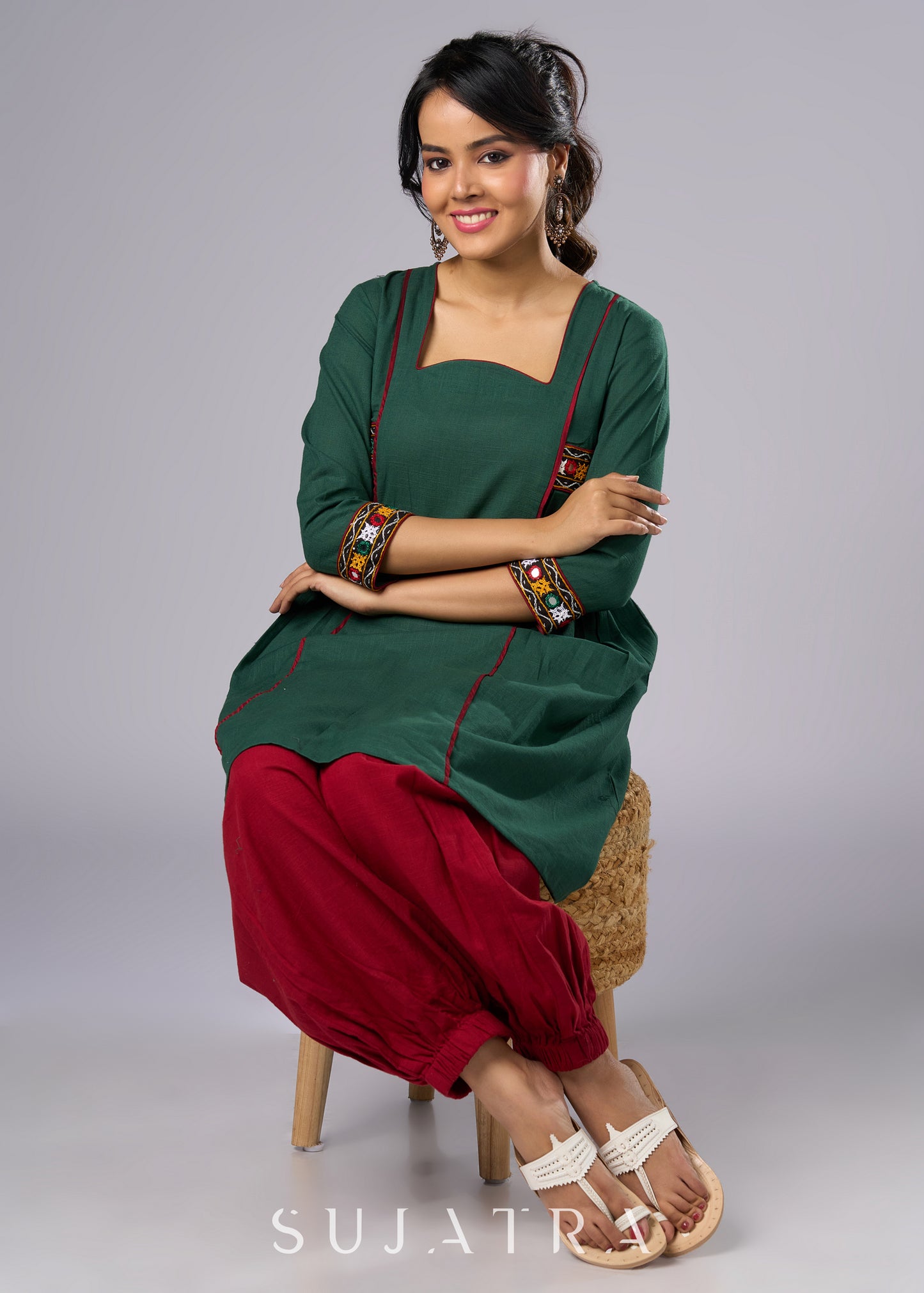 Beautiful Green Cotton Mirror Work Tunic -  Pant Additional