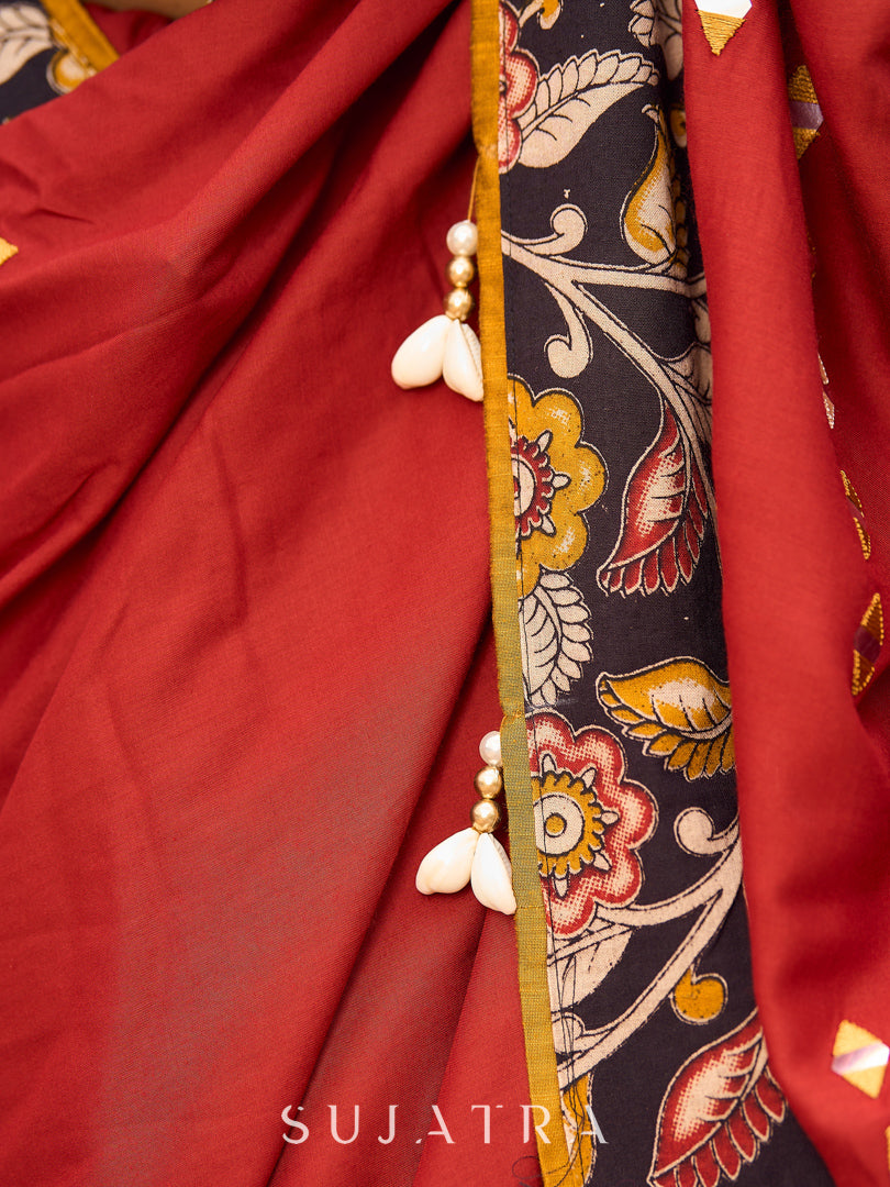 Traditional Rust Modal Silk Saree with Hand Embroidered Mirror Work & Kalamkari Printed Border