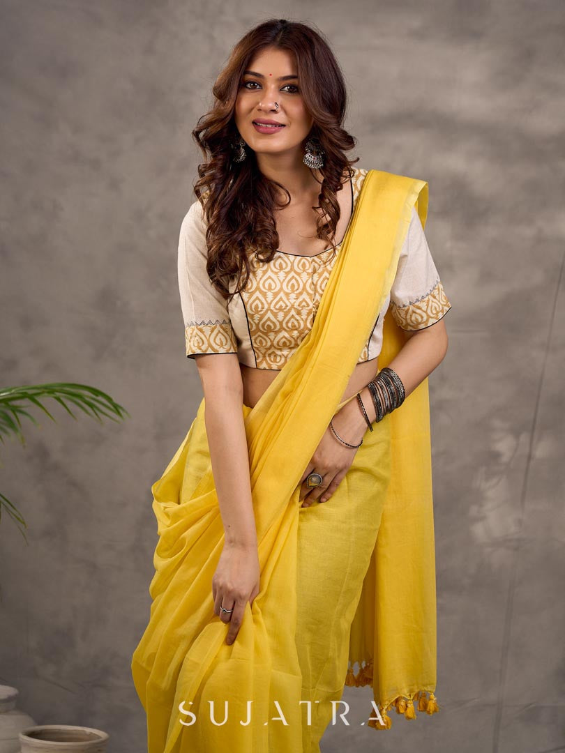 Off White and Mustard Elbow Sleeve Blouse with Contrast Piping and Hand Painted Gond Art on Back
