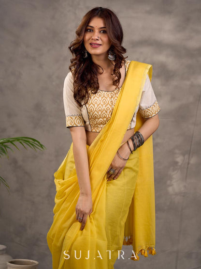 Off White and Mustard Elbow Sleeve Blouse with Contrast Piping and Hand Painted Gond Art on Back